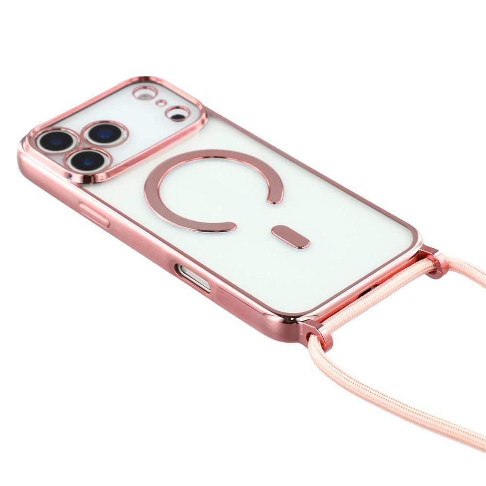 EIDERWOOD iPhone 17 Pro Fleksibelt Plast Deksel med Justerbar Stropp - MagSafe Kompatibel - Gjennomsiktig / Rosa