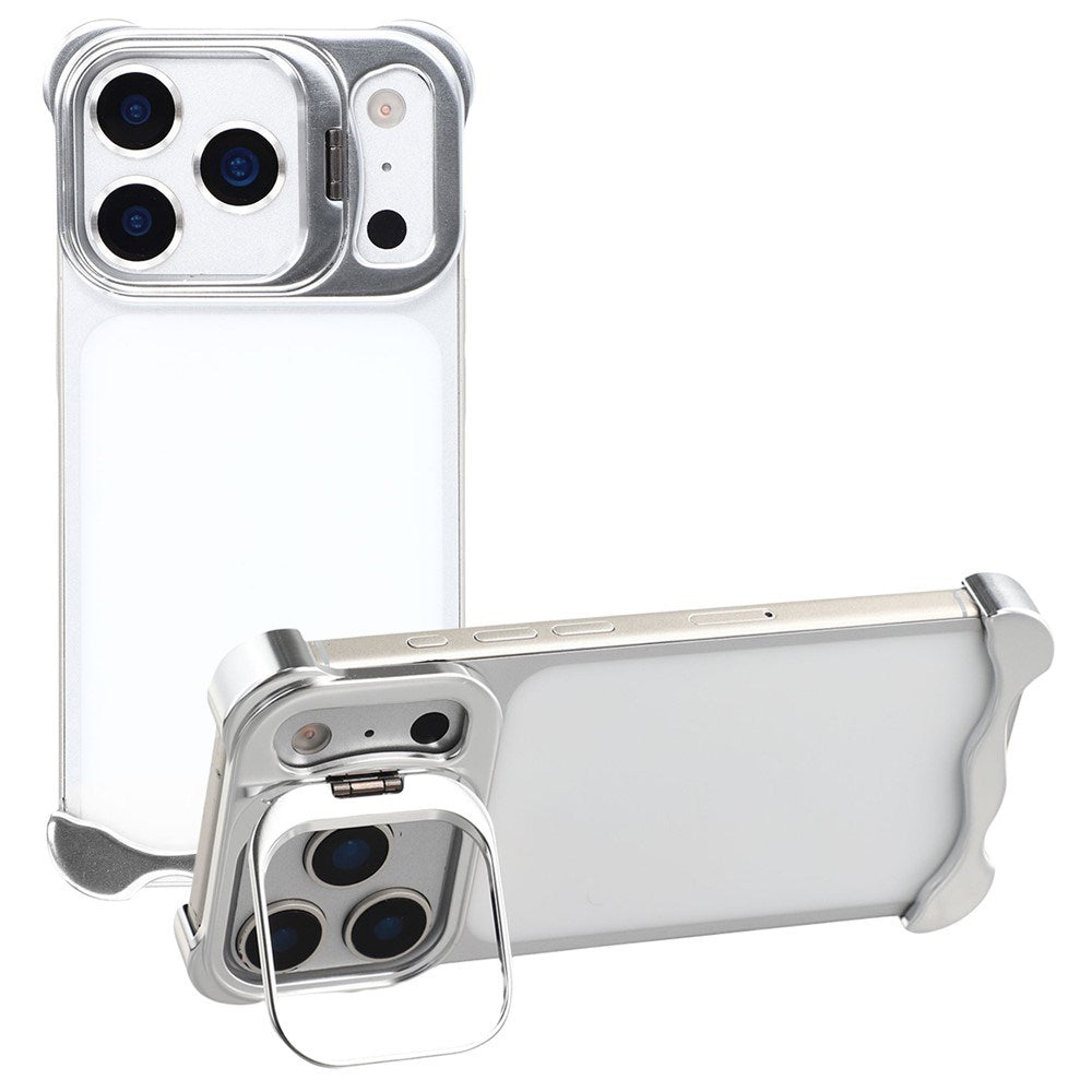 iPhone 17 Pro Todelt Metall Bumper Deksel m. Støttefunksjon & Linsebeskytter - Sølv