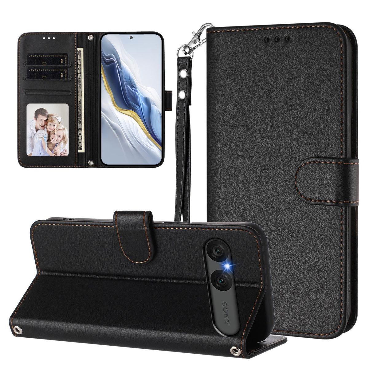 EIDERWOOD Sony Xperia 10 VII Kunstskinn Flip Deksel m. Kortholder & Stropp - Svart
