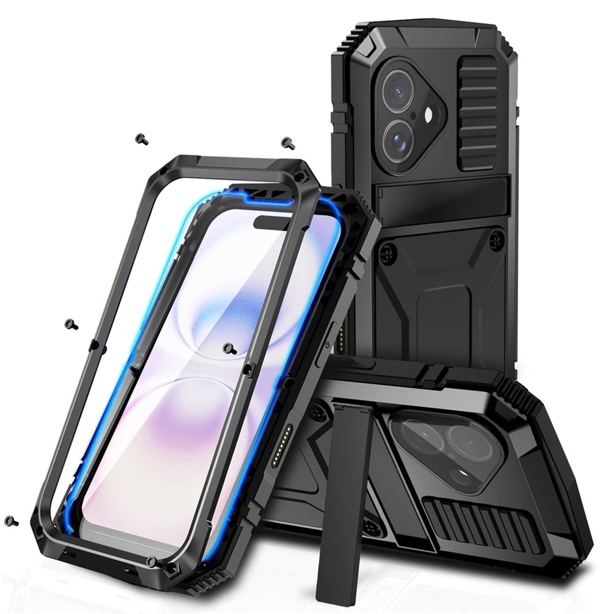 iPhone 17 R-JUST Hybrid Robust Deksel m. Innebygd Skjermbeskyttelse & Kickstand - Svart