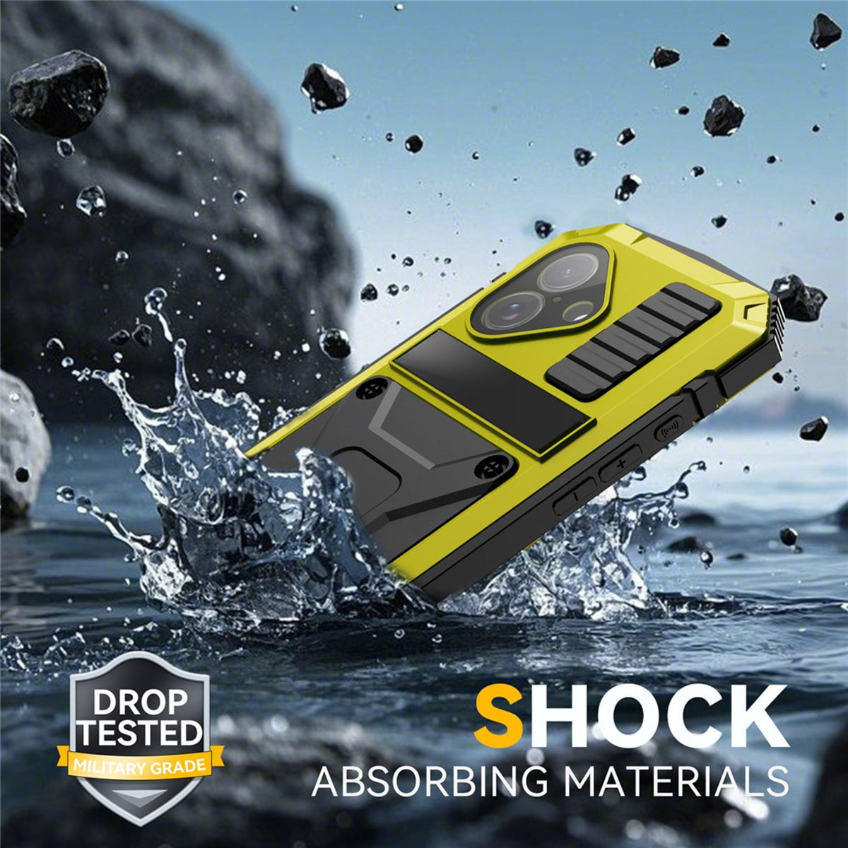 iPhone 17 R-JUST Hybrid Robust Deksel m. Innebygd Skjermbeskyttelse & Kickstand - Gul