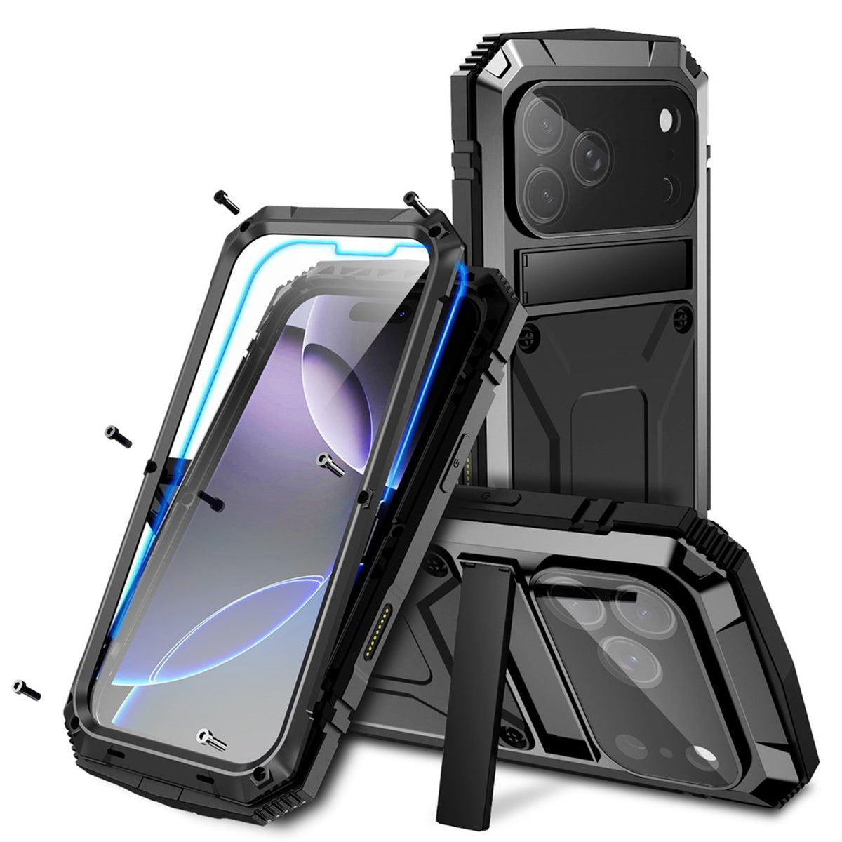 iPhone 18 Pro / 17 Pro R-JUST Hybrid Robust Deksel m. Innebygd Skjermbeskyttelse & Kickstand - Svart