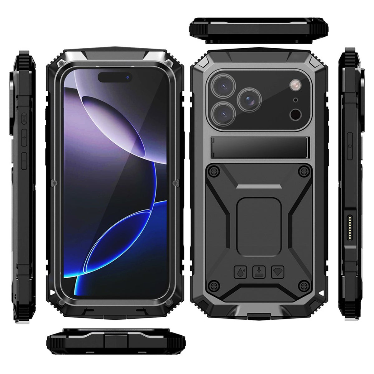 iPhone 18 Pro / 17 Pro R-JUST Hybrid Robust Deksel m. Innebygd Skjermbeskyttelse & Kickstand - Svart