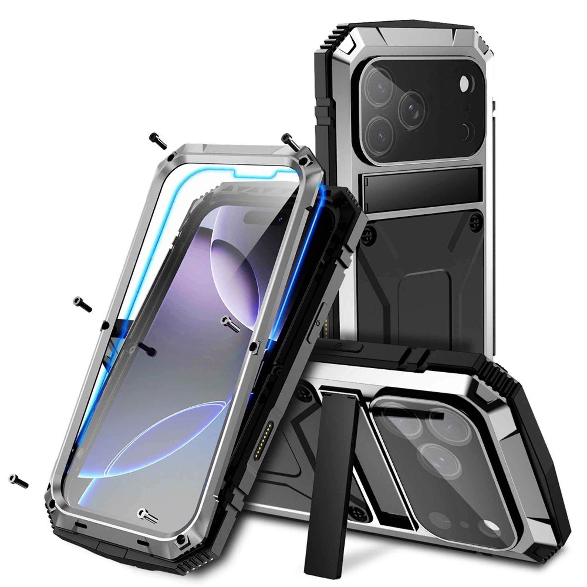 iPhone 18 Pro / 17 Pro R-JUST Hybrid Robust Deksel m. Innebygd Skjermbeskyttelse & Kickstand - Sølv