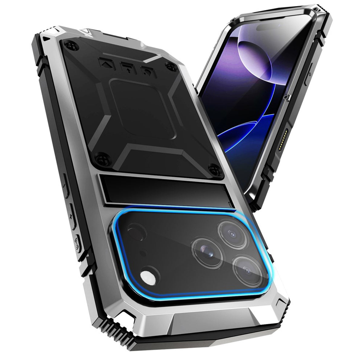 iPhone 18 Pro / 17 Pro R-JUST Hybrid Robust Deksel m. Innebygd Skjermbeskyttelse & Kickstand - Sølv