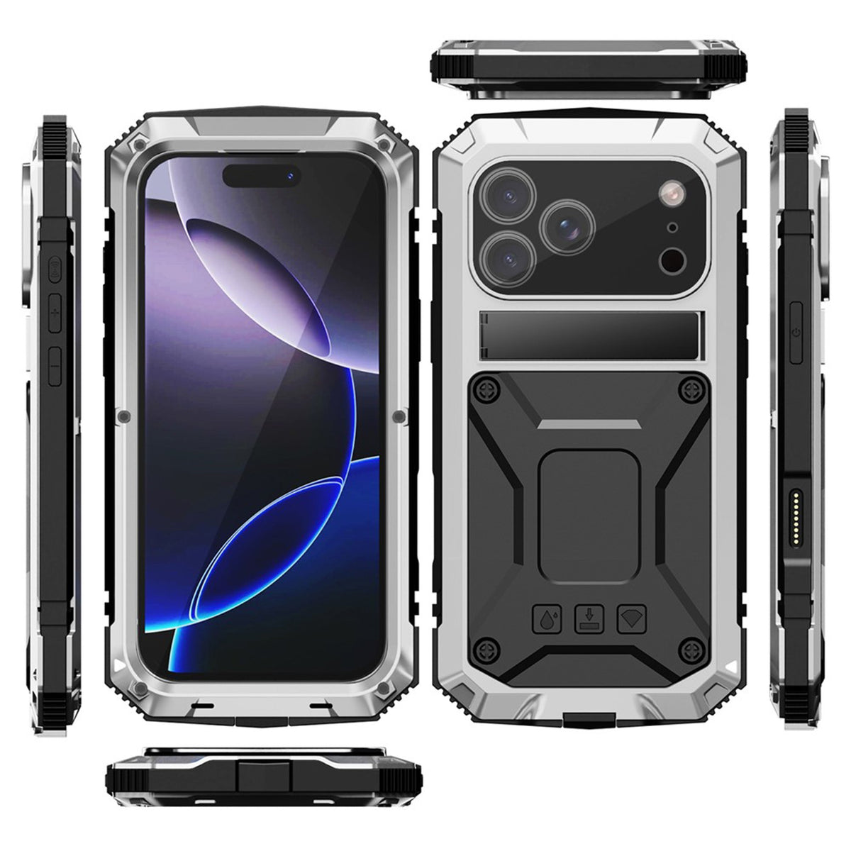 iPhone 18 Pro Max / 17 Pro Max R-JUST Hybrid Robust Deksel m. Innebygd Skjermbeskyttelse & Kickstand - Sølv