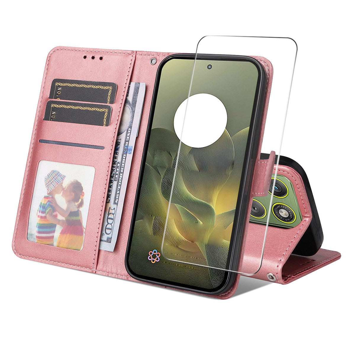 Motorola Edge 70 EIDERWOOD Kunstskinn Deksel med Skjermbeskyttelsesglass & Kortholder – Rosa