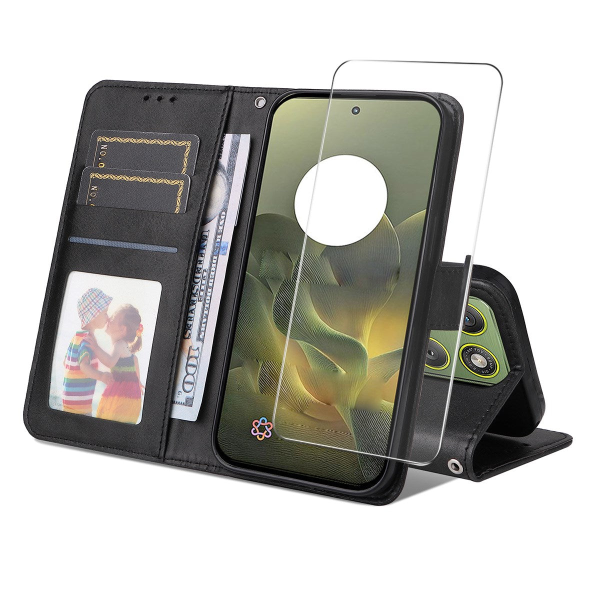 Motorola Edge 70 EIDERWOOD Kunstskinn Deksel med Skjermbeskyttelsesglass & Kortholder – Svart