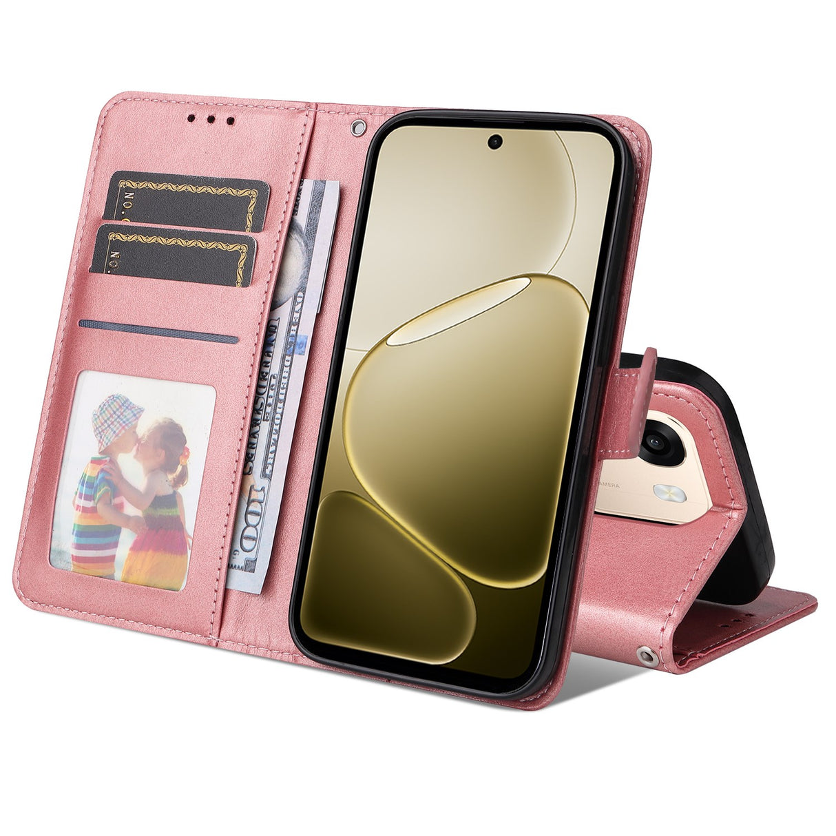 OPPO A6x EIDERWOOD Kunstskinn Flip Deksel med Kortlomme & Stativfunksjon - Rosa