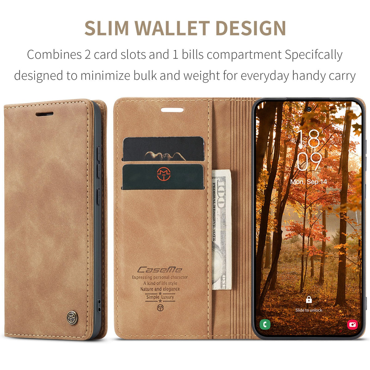 Samsung Galaxy S26 CASEME Kunstskinn Flip Deksel m. Stativfunksjon & Kortholder - Brun