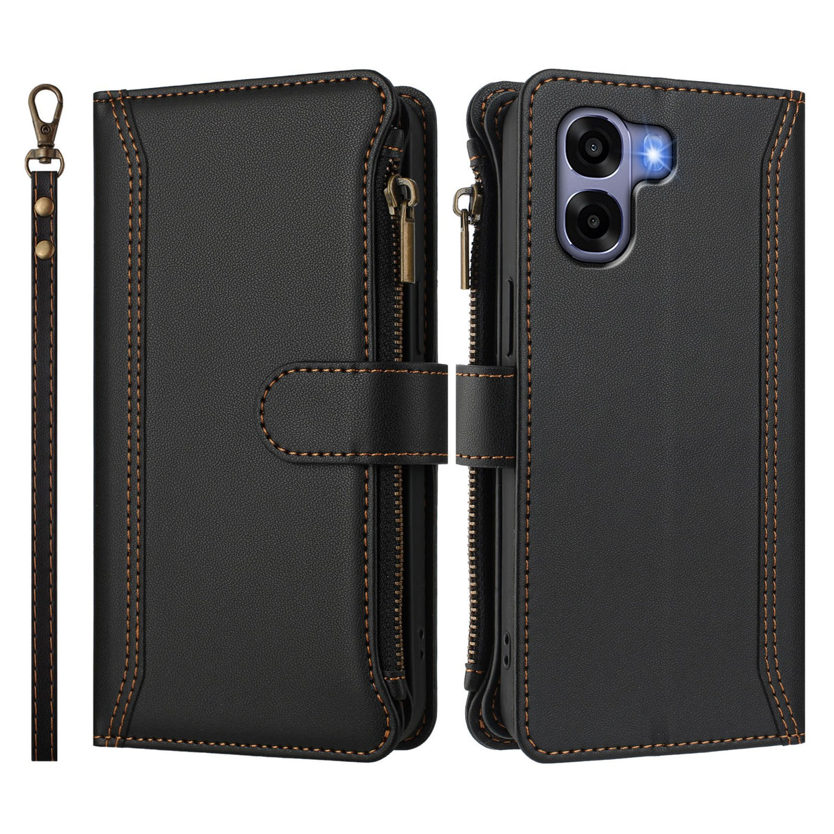 OPPO A6x EIDERWOOD Kunstskinn Flip-Deksel med 9 Kortholdere & Glidelåslomme - Svart