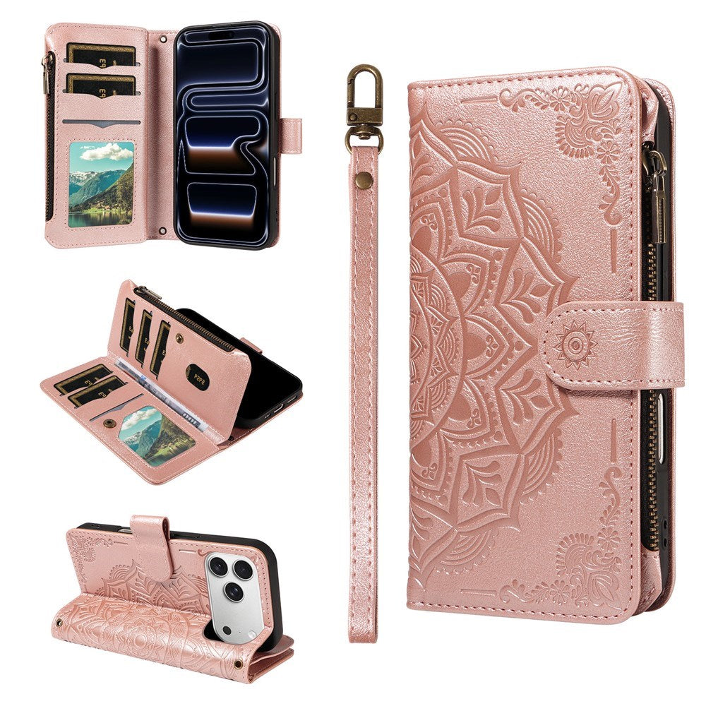 iPhone 17 Pro EIDERWOOD Flippdeksel med 9 Kortholdere - Glidelåslomme - RFDI-Blokkering - Stropp - Rose Gold