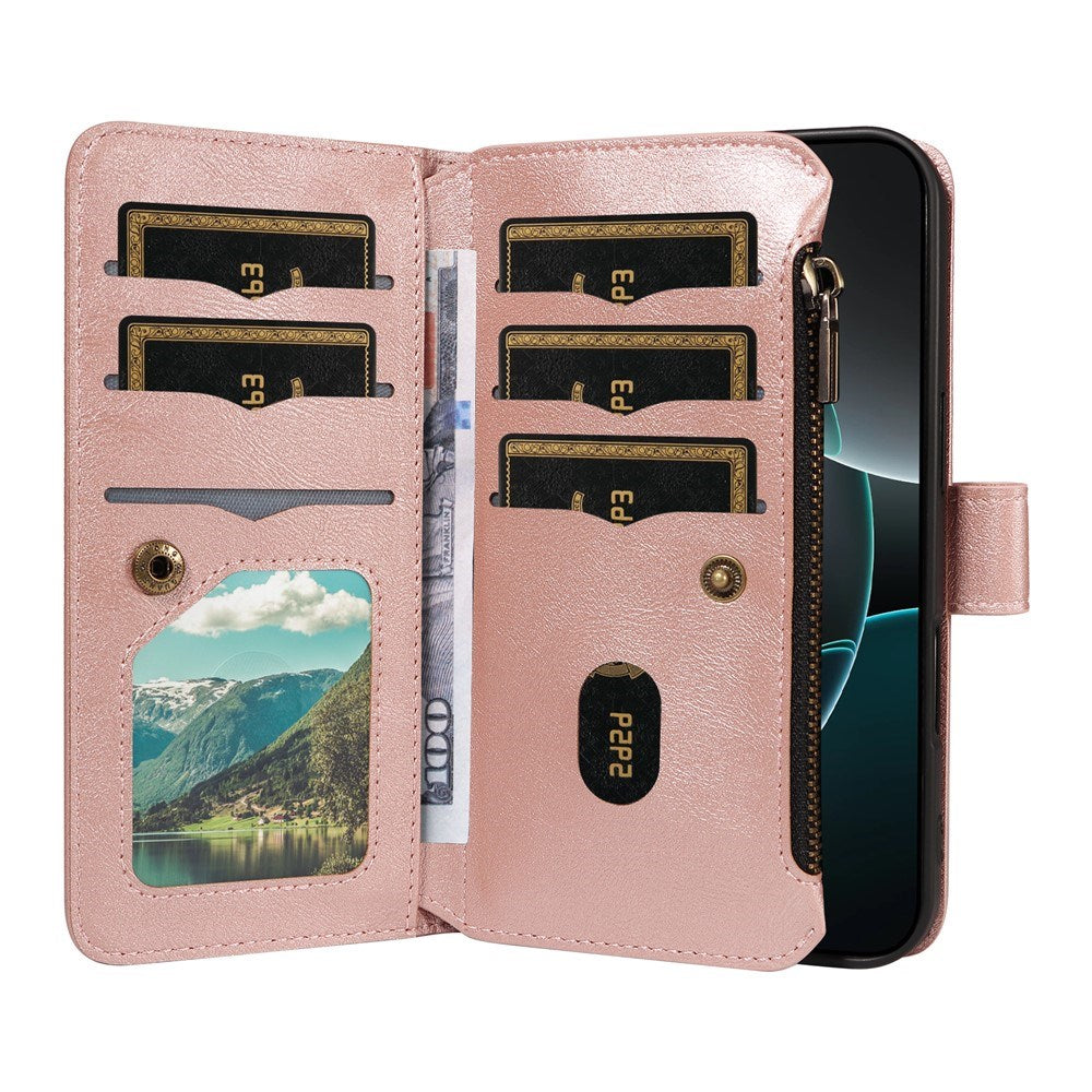 iPhone 17 Pro EIDERWOOD Flippdeksel med 9 Kortholdere - Glidelåslomme - RFDI-Blokkering - Stropp - Rose Gold