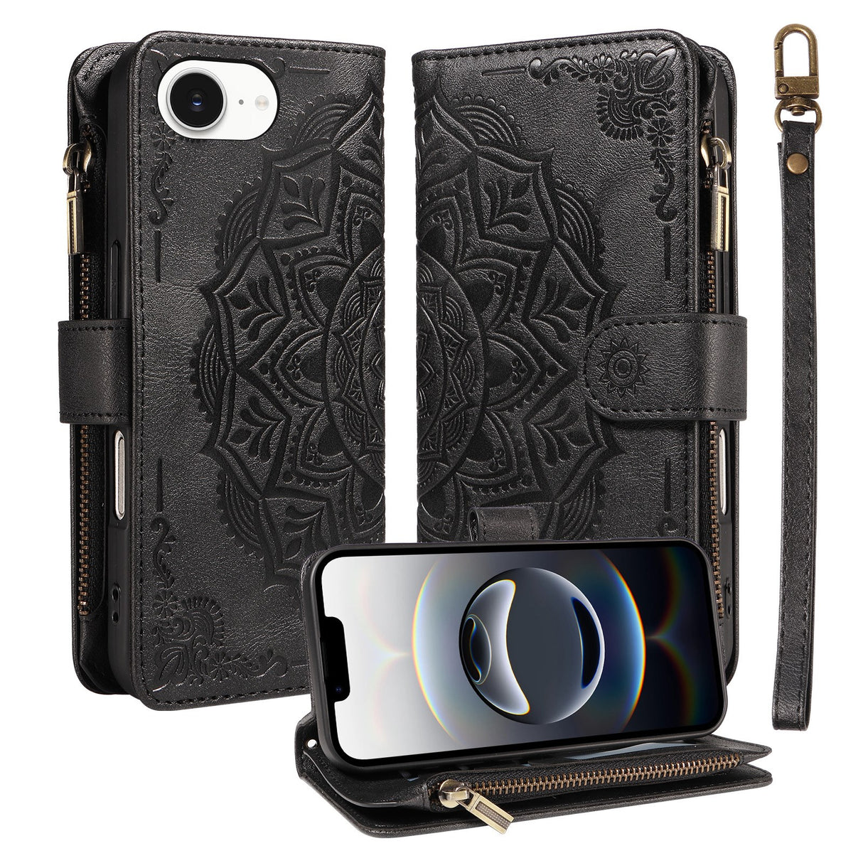 iPhone 17e / 16e EIDERWOOD Flippdeksel med 9 Kortholdere - Glidelåslomme - RFDI-Blokkering - Stropp - Svart