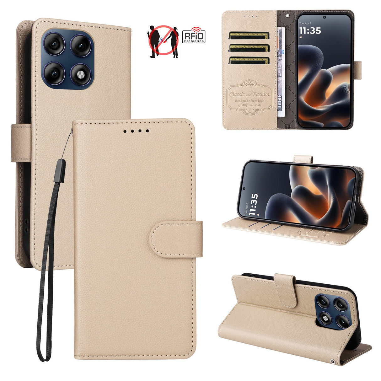 Motorola Edge 70 Pro EIDERWOOD Kunstskinn Flip Deksel m. Stropp - Beige