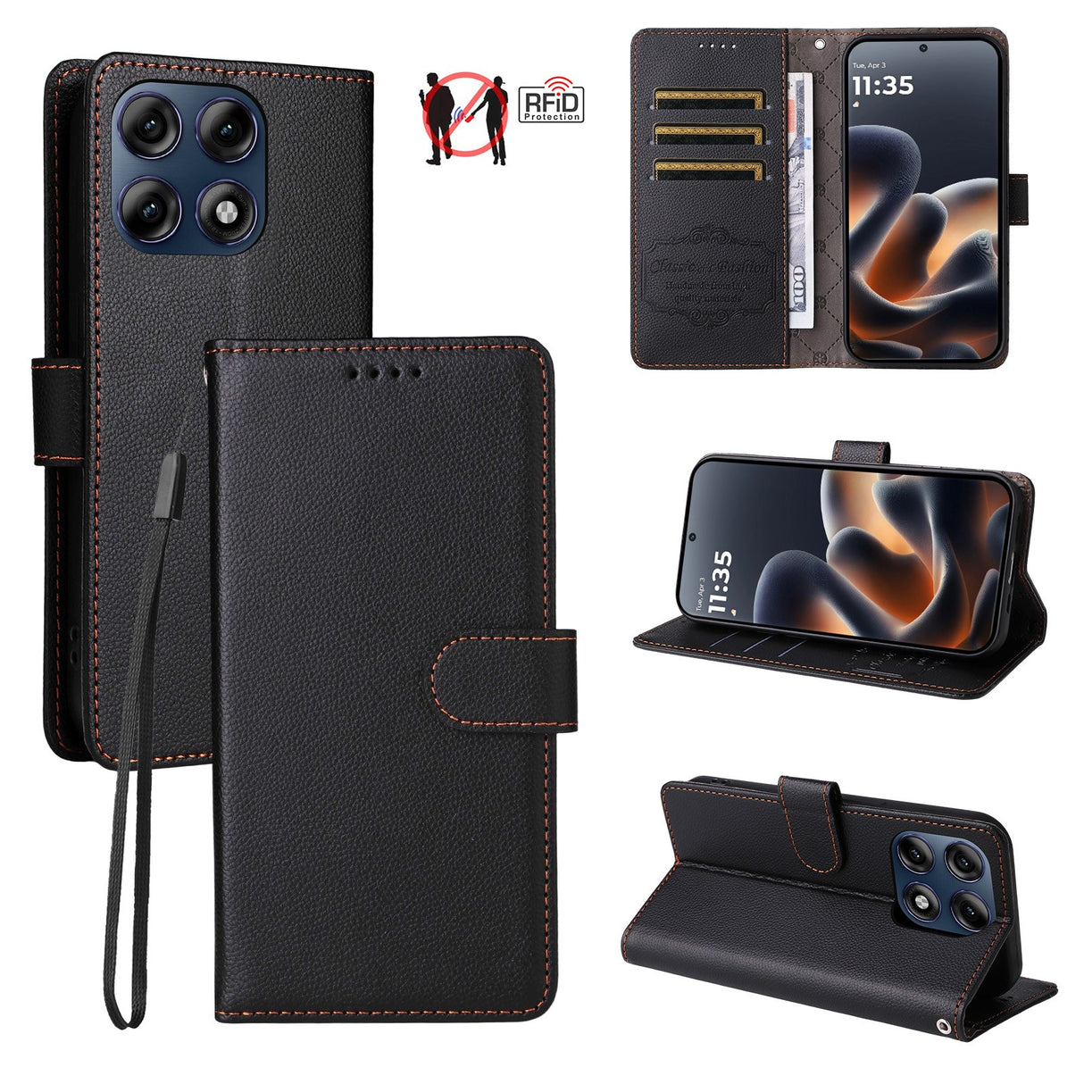 Motorola Edge 70 Pro EIDERWOOD Kunstskinn Flip Deksel m. Stropp - Svart