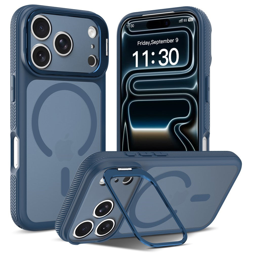 iPhone 18 Pro Max / 17 Pro Max Hybrid Plast Deksel m. Støtabsorberende Kanter & Kickstand - MagSafe Kompatibel - Blå
