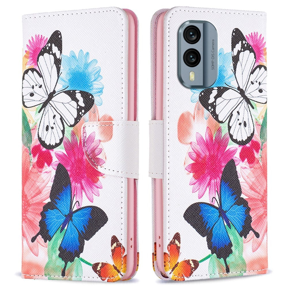 Nokia X30 Deksel i Kunstkinn med Lommebok og Trykk - Sommerfugler og Blomster