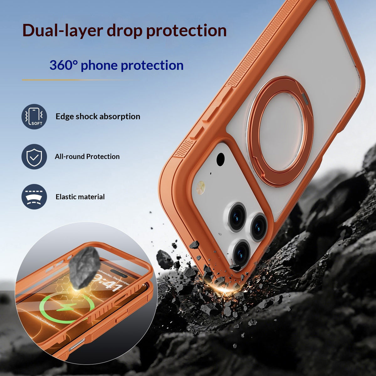 iPhone 18 Pro Max / 17 Pro Max EIDERWOOD Deksel med Skjermbeskyttelse og Stativfunksjon - MagSafe Kompatibel - Oransje / Gjennomsiktig