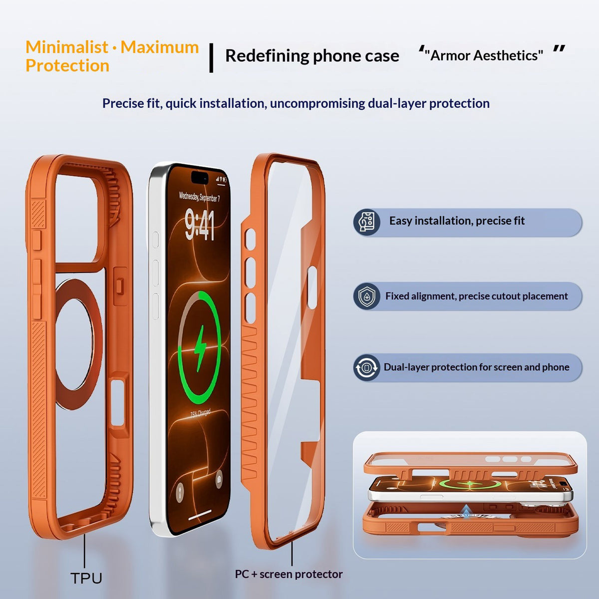 iPhone 18 Pro Max / 17 Pro Max EIDERWOOD Deksel med Skjermbeskyttelse og Stativfunksjon - MagSafe Kompatibel - Oransje / Gjennomsiktig