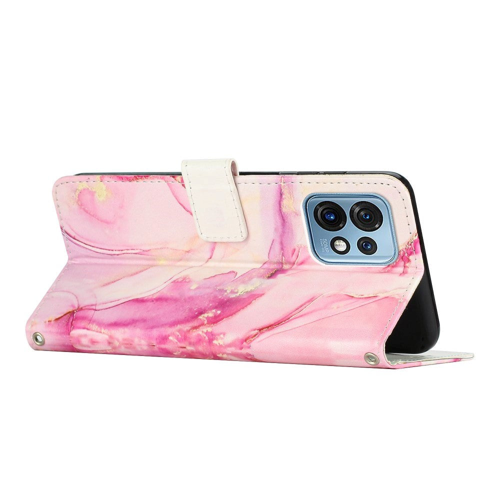 Motorola Edge 40 Pro Skinn Deksel med Lommebok & Stropp - Marmor - Rosa