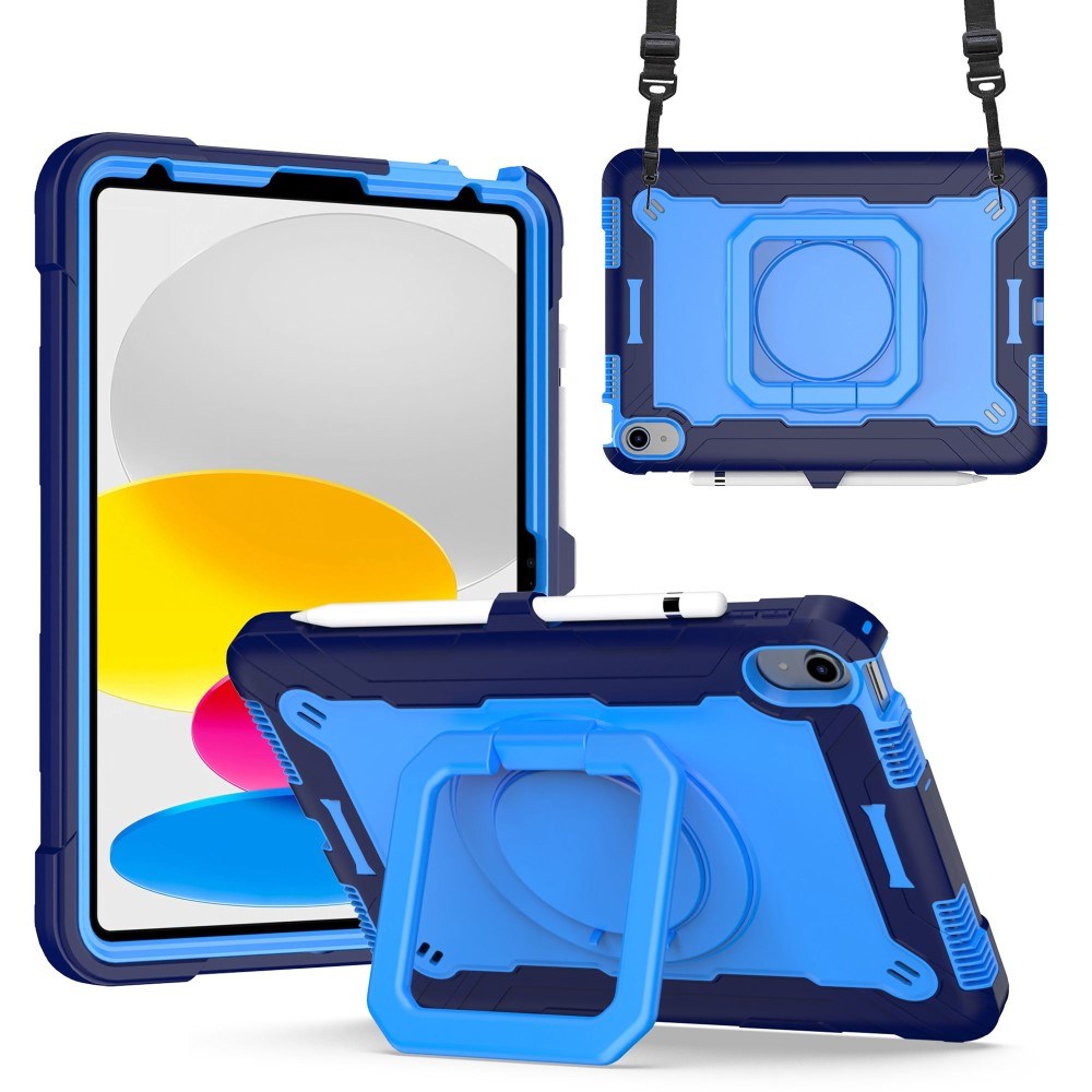 iPad 11" (2025) / iPad 10.9" (2024/2022) Silikondeksel med 360 Graders Stativ og Bærestropp - Blå