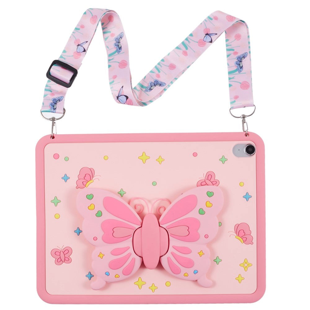 iPad 11" (2025) / iPad 10.9" (2024/2022) Barnedeksel - Sommerfugl Kickstand Silikon Deksel med Skulderstropp - Rosa