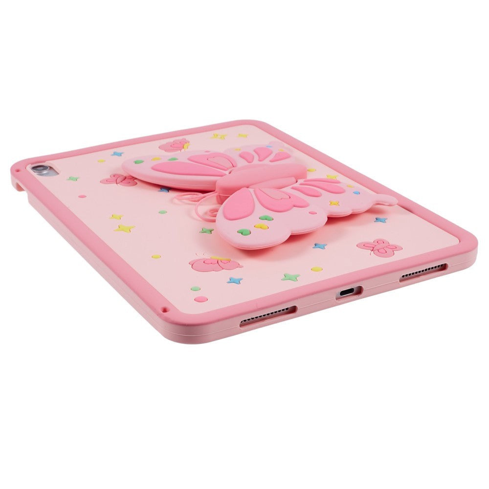 iPad 11" (2025) / iPad 10.9" (2024/2022) Barnedeksel - Sommerfugl Kickstand Silikon Deksel med Skulderstropp - Rosa