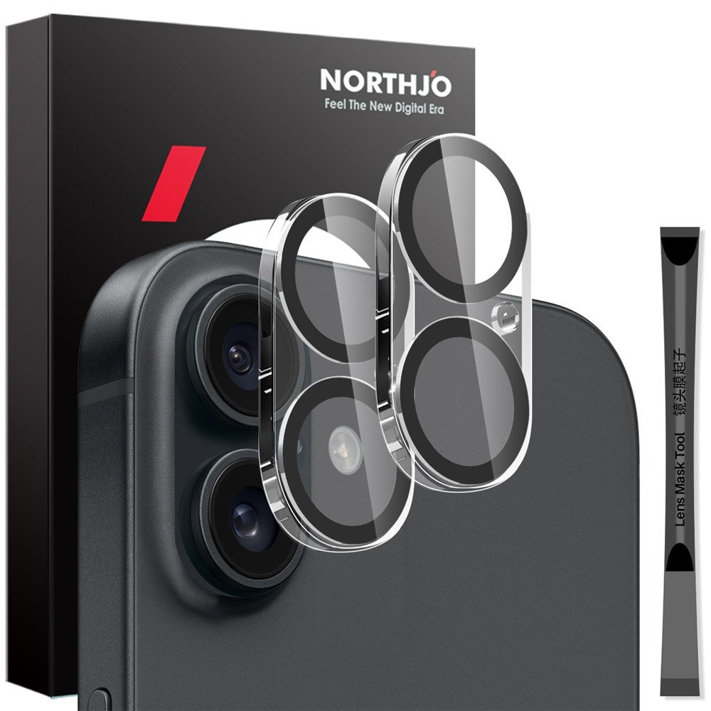 NORTHJO iPhone 16 / 16 Plus Herdet Kameralinseglass - 2 stk. - Gjennomsiktig / Svart Kant