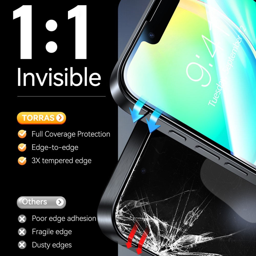 TORRAS iPhone 17e / 16e Herdet Skjermbeskyttelsesglass - Privacy Funksjon - 2 stk - Gjennomsiktig