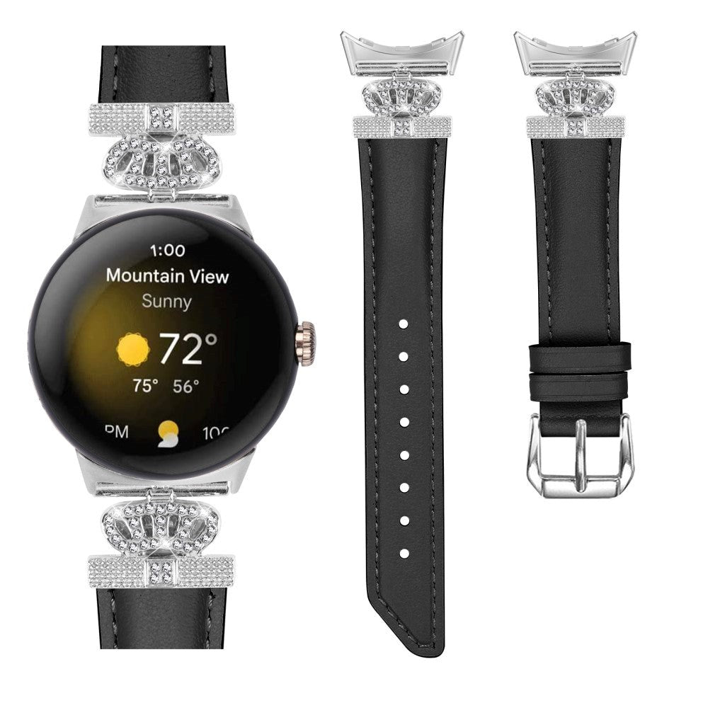 Google Pixel Watch 1 / 2 / 3 (41mm) Kunstskinn Rem med Sølv Rhinstenen Spenne - Svart