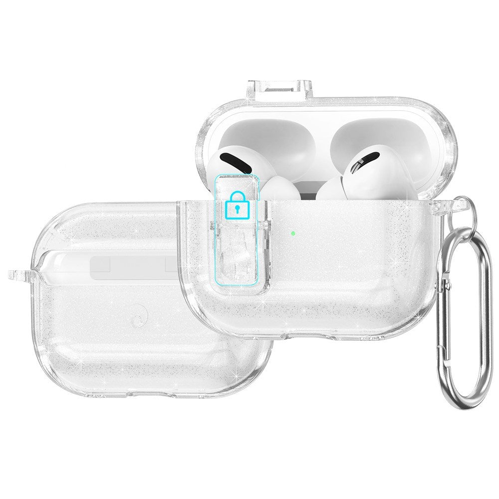 Apple AirPods Pro (3. gen.) Hybrid Plast Deksel m. Karabinkrok - Gjennomsiktig Glitter