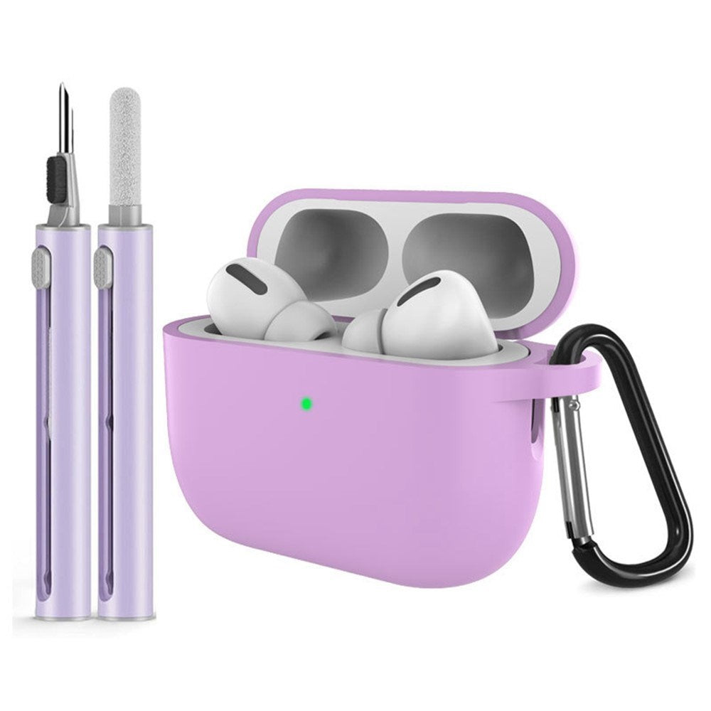 Apple AirPods Pro (3. gen.) Silikon Deksel m. Karabinkrok & Rengjøringspenn - Light Purple