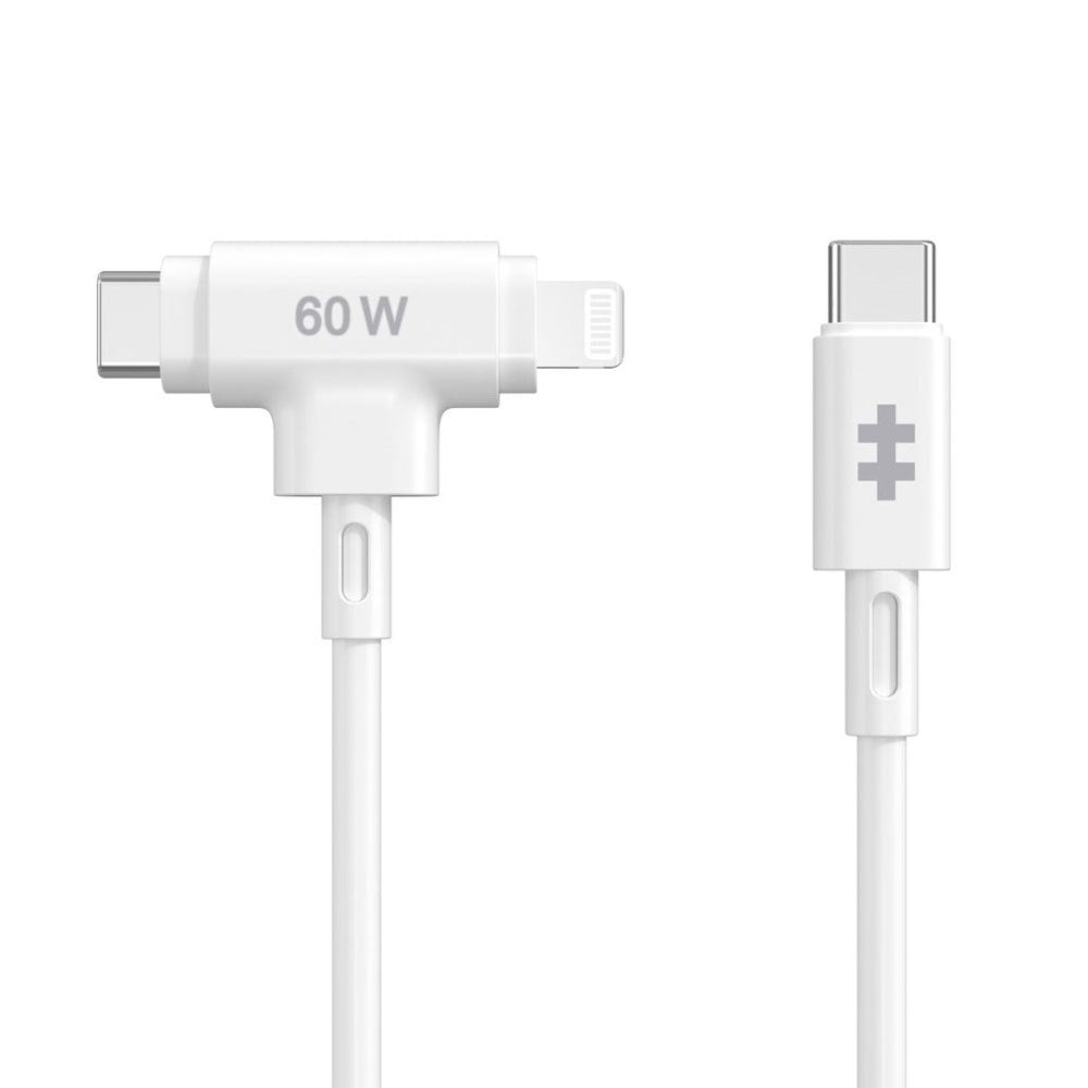 Hyper HyperJuice 60W 2-i-1 Hybrid Silikon USB-C til USB-C & Lightning Kabel - 1.5m - Hvit