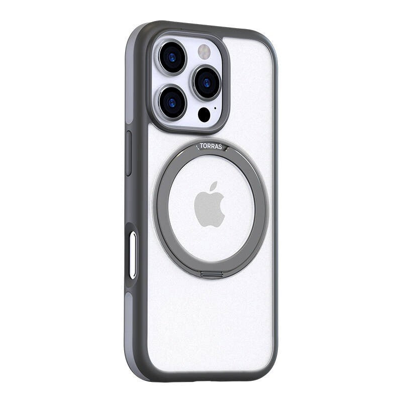 TORRAS iPhone 16 Pro Hybrid Plast Deksel m. Roterbar Kickstand Ring - MagSafe Kompatibel - Gjennomsiktig / Grå