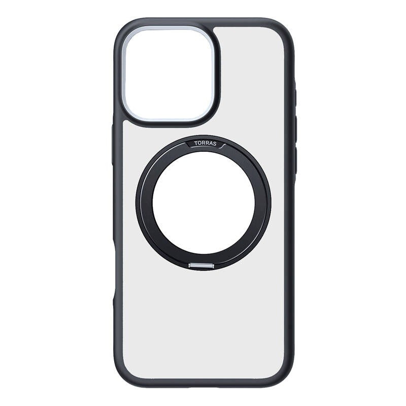 TORRAS iPhone 16 Pro Hybrid Plast Deksel m. Roterbar Kickstand Ring - MagSafe Kompatibel - Gjennomsiktig / Svart