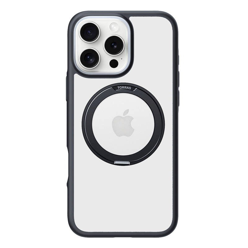 TORRAS iPhone 16 Pro Hybrid Plast Deksel m. Roterbar Kickstand Ring - MagSafe Kompatibel - Gjennomsiktig / Svart