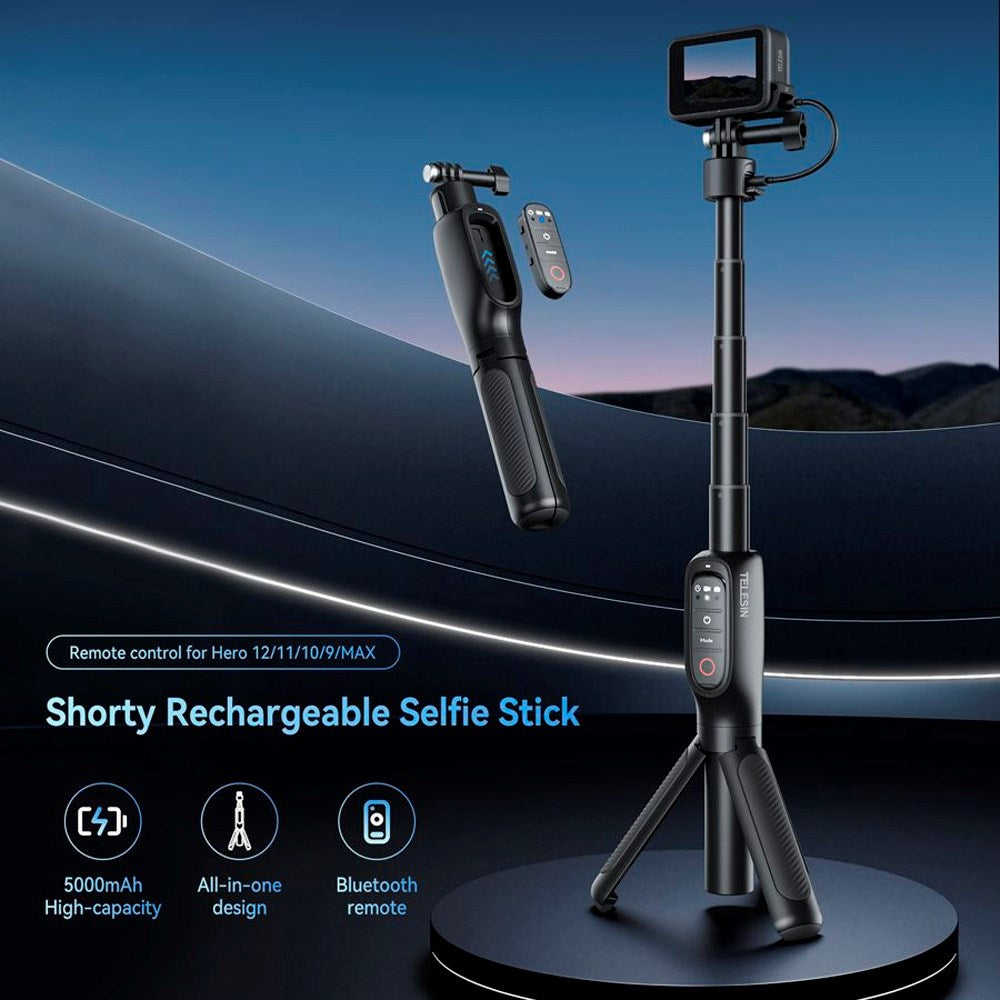 TELESIN 3-i-1 PowerBank Selfie Stick for GoPro Hero 9 / 10 / 11 / 12 / 13 / MAX - 5000 mAh - Svart
