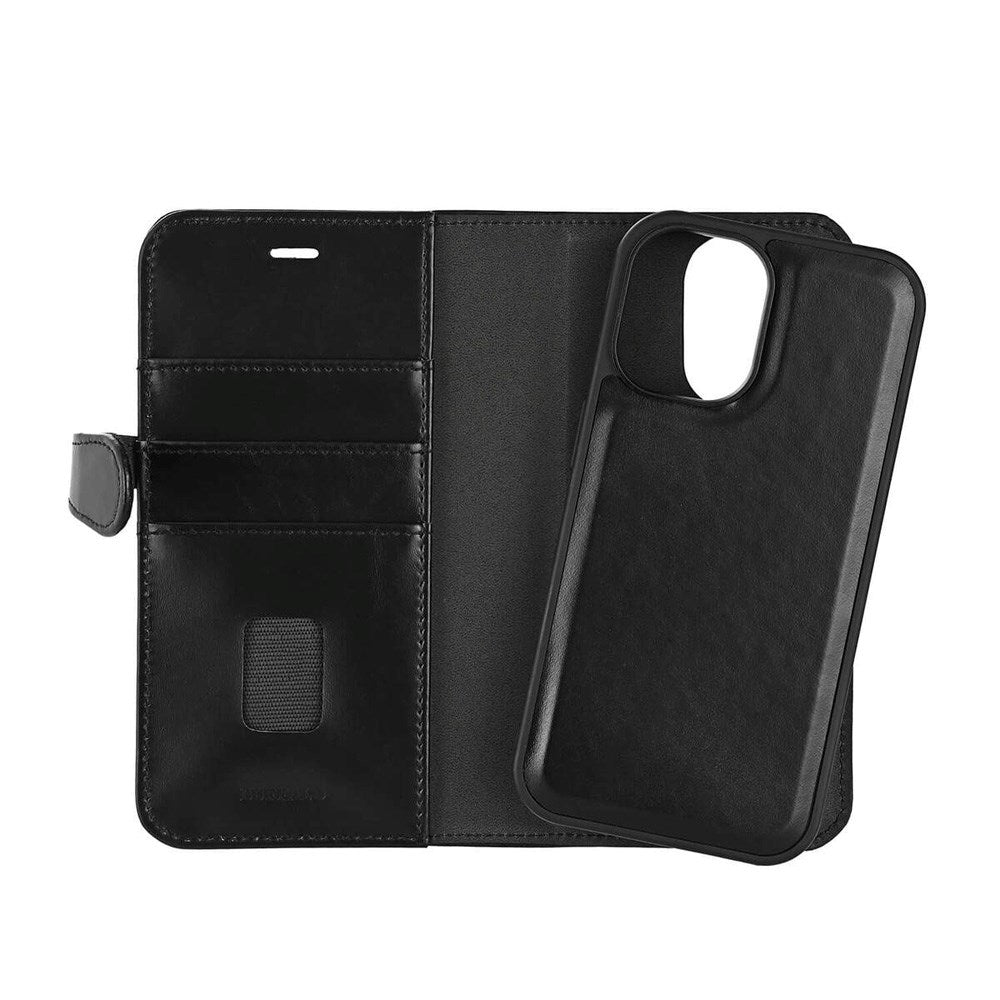 iPhone 16 Buffalo 2-i-1 Magnet Flip-Deksel i Ekte Skinn med Lommebok - MagSafe Kompatibel - Svart