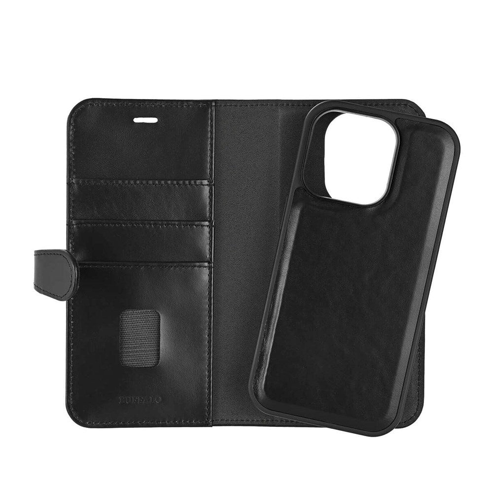 iPhone 16 Pro Buffalo 2-i-1 Magnet Flip-Deksel i Ekte Skinn med Lommebok - MagSafe Kompatibel - Svart
