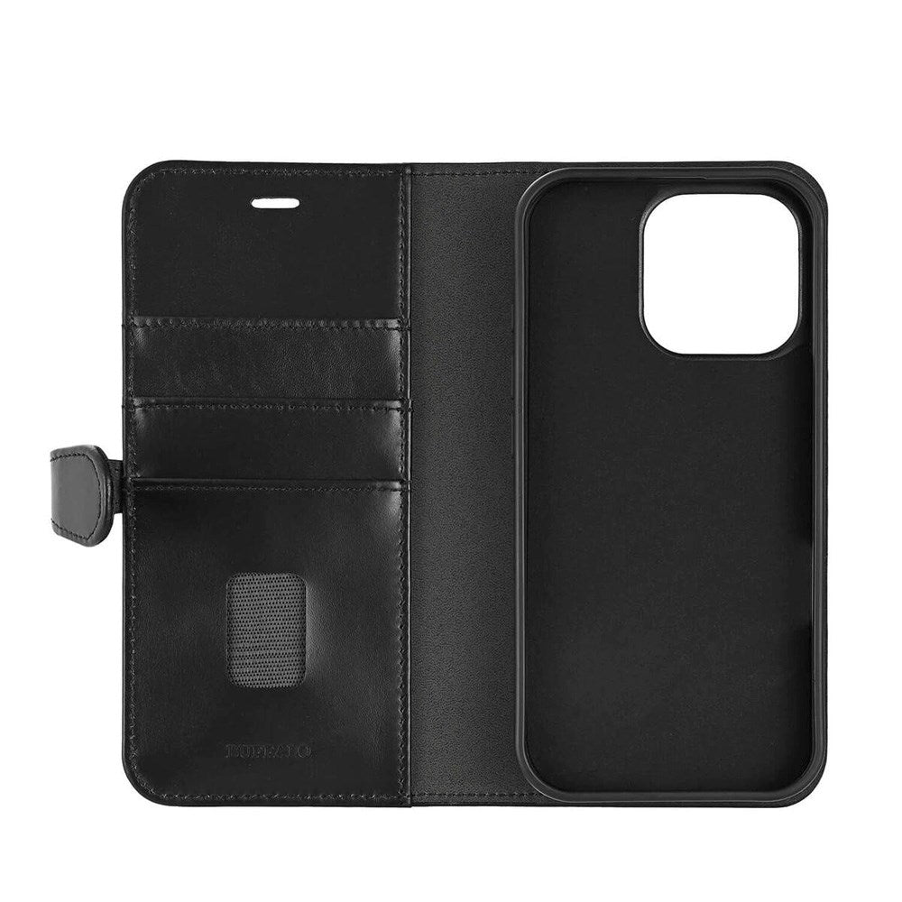 iPhone 16 Pro Max Buffalo 2-i-1 Magnet Flip-Deksel i Ekte Skinn med Lommebok - MagSafe Kompatibel - Svart