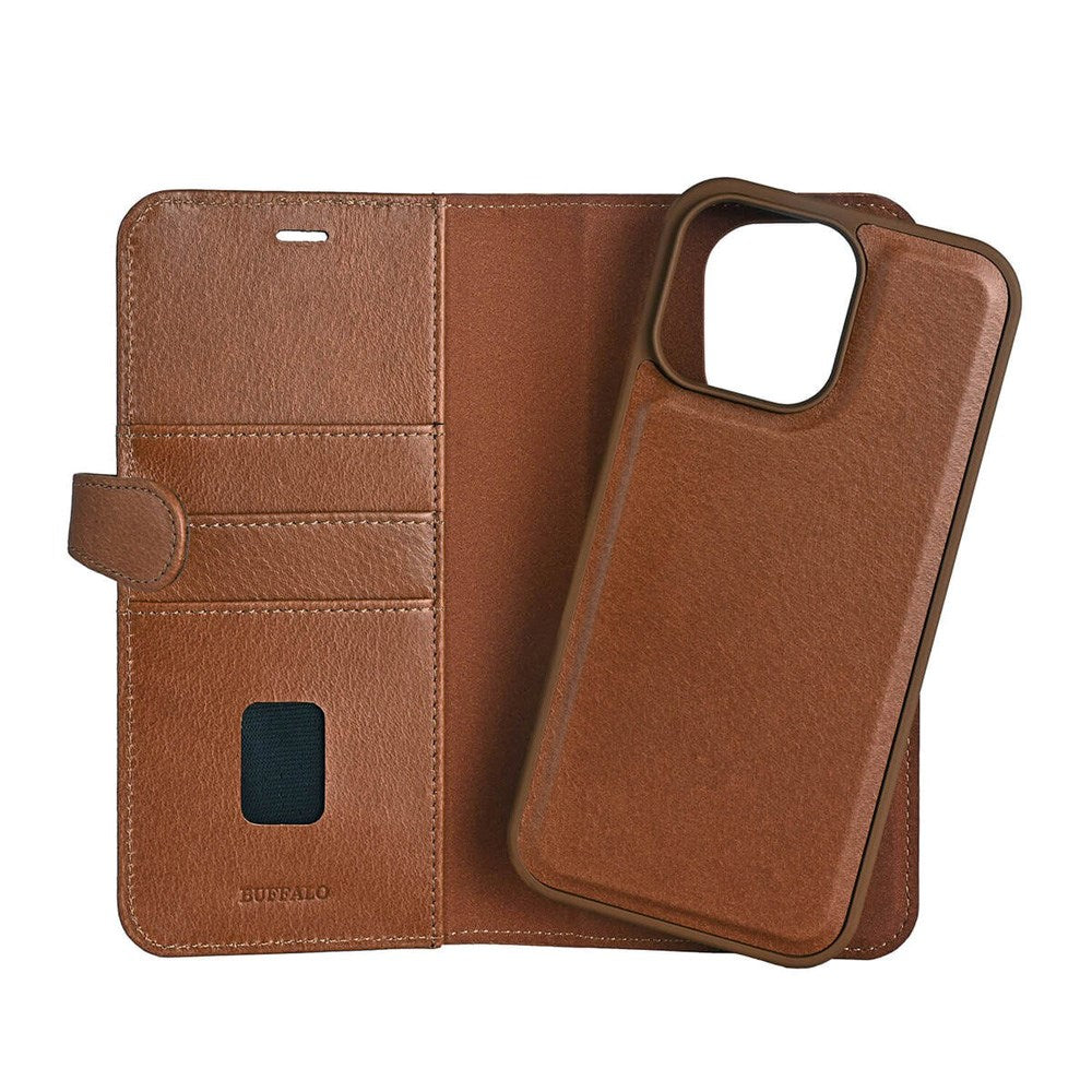 iPhone 16 Pro Max Buffalo 2-i-1 Magnet Flip-Deksel i Ekte Skinn med Lommebok - MagSafe Kompatibel - Brun