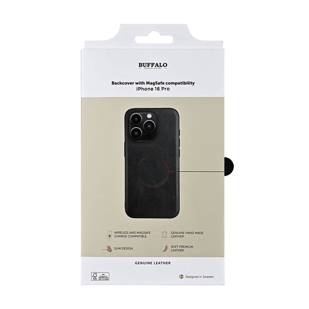 iPhone 16 Pro Buffalo Ekte Skinn Deksel - MagSafe Kompatibel - Svart