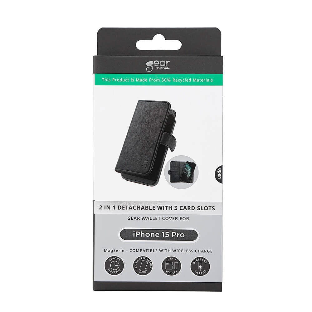 iPhone 15 Pro GEAR Kunstskinn Deksel 2-i-1 m. Lommebok 3 Kort - Svart