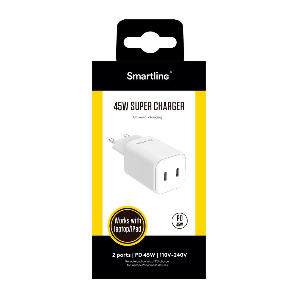 Smartline PD 45W Vegglader m. 2x USB-C - Hvit