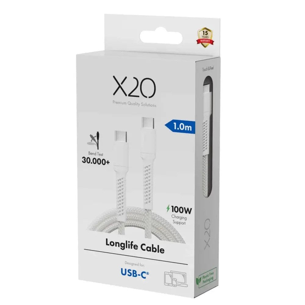 X2O Longlife 100W USB-C til USB-C Kabel - 1m - Hvit