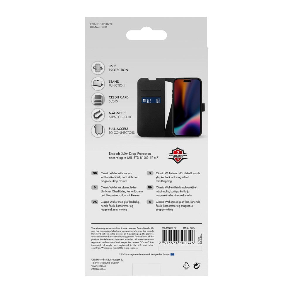X2O iPhone 17 Classic Wallet Flip Deksel - Kortholder & Stativfunksjon - Svart