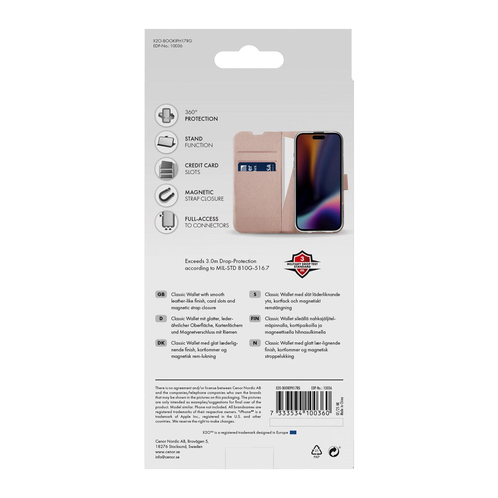 X2O iPhone 17 Classic Wallet Flip Deksel - Kortholder & Stativfunksjon - Rose Gold
