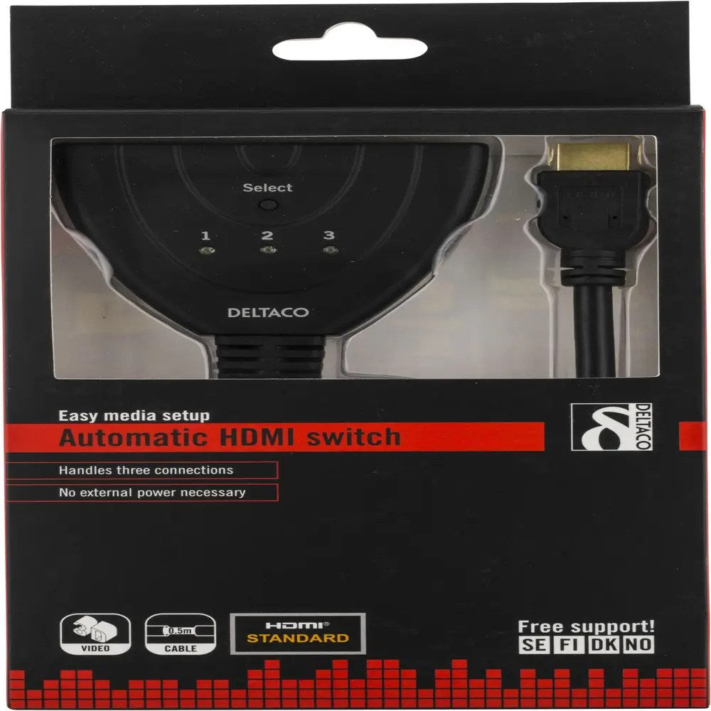 HDMI Pigtail Switch 3-i-1 Deltaco - Svart