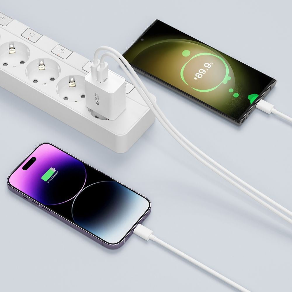 Tech-Protect 35W Vegglader med 2 x USB-C & Lightning-Kabel - Hvit